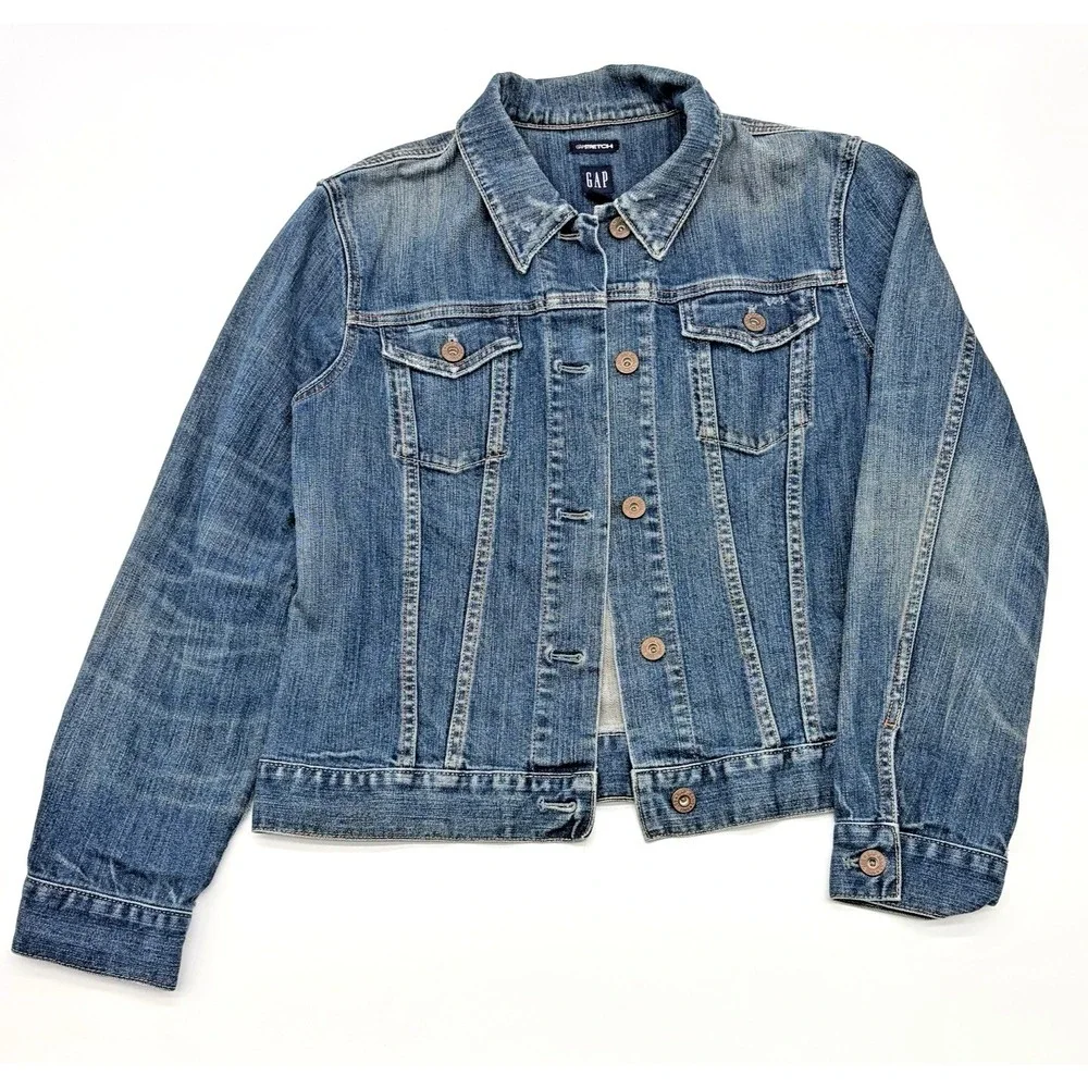 GAP Jean Jacket Womens Size Medium Trucker Blue Denim Stretch Y2K VTG Distressed